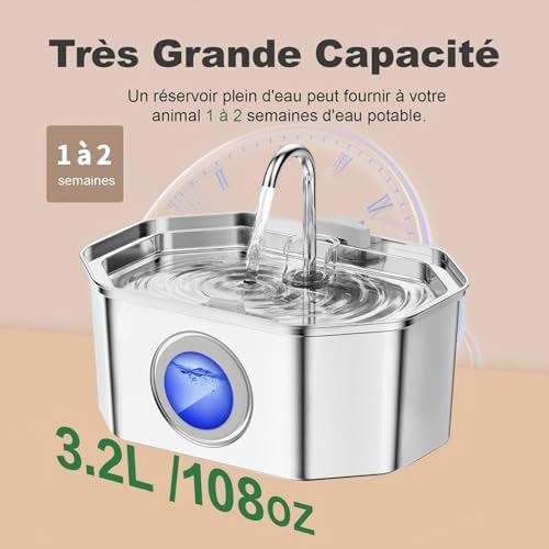 Fontaine à eau chat en acier inoxydable avec système de filtration avancé et lumière LED