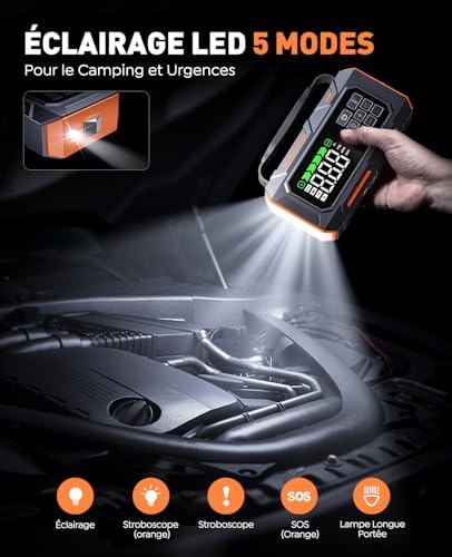 Booster batterie voiture puissant avec kit d'urgence 14-en-1 et gonfleur intégré