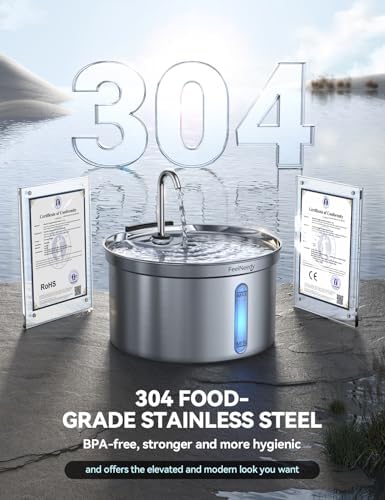 Fontaine à eau pour chat en acier inoxydable silencieuse avec système de filtration efficace