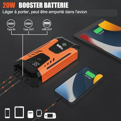 Booster Batterie Voiture Puissant 3000A avec Chargeur Portable et Écran LED