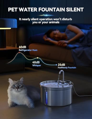 Fontaine à eau pour chat en acier inoxydable silencieuse avec système de filtration efficace