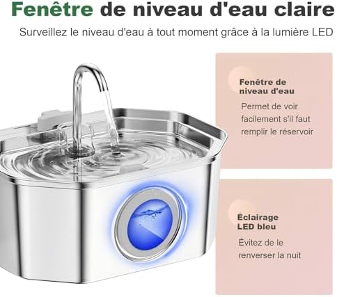 Fontaine à eau chat en acier inoxydable avec système de filtration avancé et lumière LED
