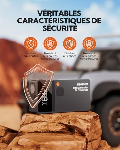 Booster batterie voiture avec compresseur d'air et lumière LED pour urgences