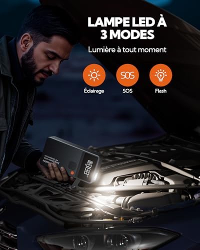 Booster batterie voiture avec compresseur d'air et lumière LED pour urgences