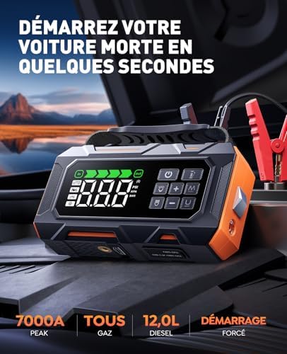 Booster batterie voiture puissant avec kit d'urgence 14-en-1 et gonfleur intégré