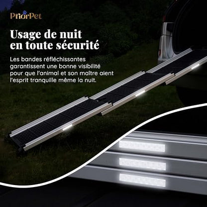 Rampe chien voiture rétractable et sécurisée avec bandes réfléchissantes