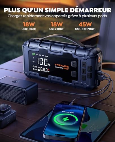 Booster Batterie Voiture Multifonction 10-en-1 avec Compresseur et Charge Rapide