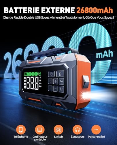 Booster batterie voiture puissant avec kit d'urgence 14-en-1 et gonfleur intégré