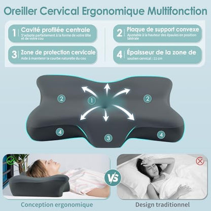Oreiller ergonomique cervical avec mousse mémoire pour un soutien optimal et confort durable