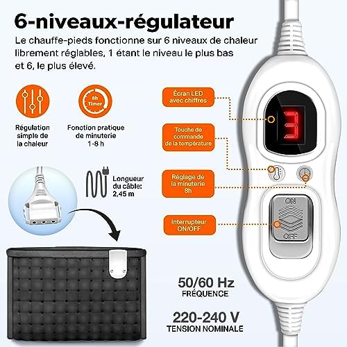 Chauffe pieds électrique avec 6 niveaux de température et sécurité avancée