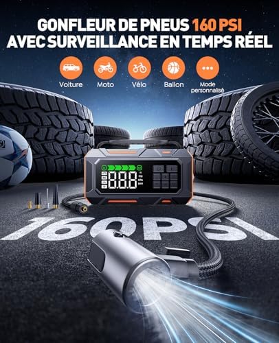 Booster batterie voiture puissant avec kit d'urgence 14-en-1 et gonfleur intégré