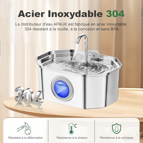 Fontaine à eau chat en acier inoxydable avec système de filtration avancé et lumière LED